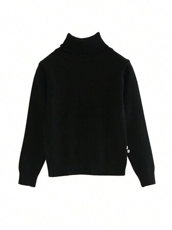 Unisex Kids Classic Black Turtleneck Long Sleeve Soft Knit Sweater, Thin Pullover Casual Base Layer, Basic School Uniform Style, Autumn/Winter/Spring