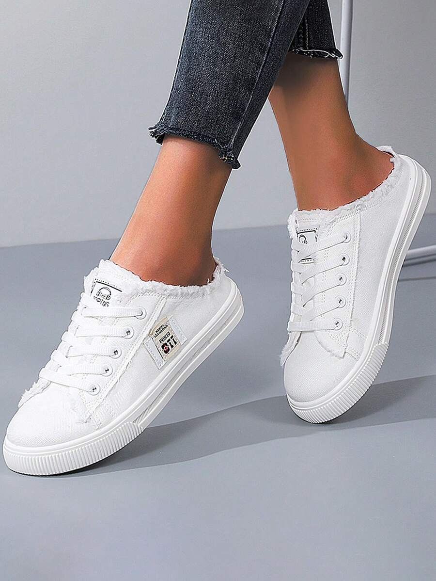 Women Fashion Canvas Mules Casual Sneakers Comfortable Slip-On Mule Backless Holiday Shoes - trắng - Xem 1