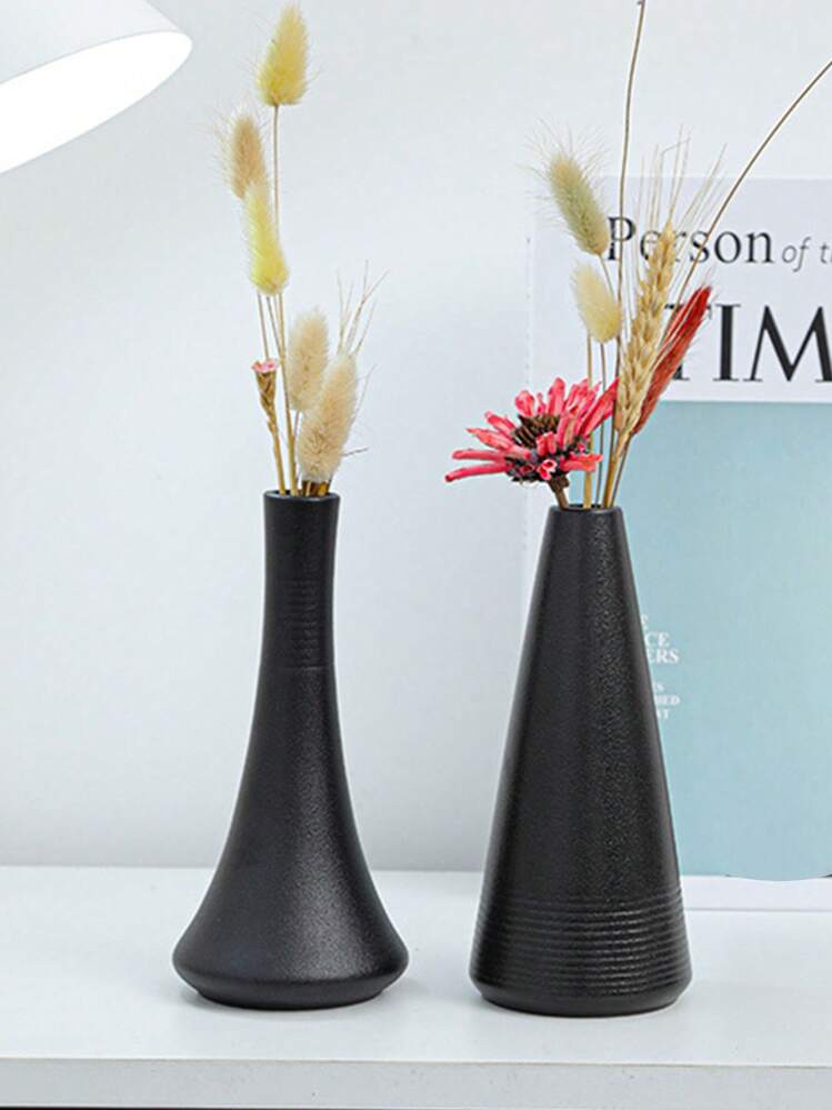 黒いリブデザイン花瓶 陶器製 1個 黒陶器製 小型花瓶 ホームデコレーション クラフト テーブルトップ