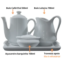 Coffee And Tea Set Set Table, Tray + Long Spout Teapot 550ml + Sugar Bowl 100ml + Milk Jug 700ml - Porcelana Kit - White - View 2