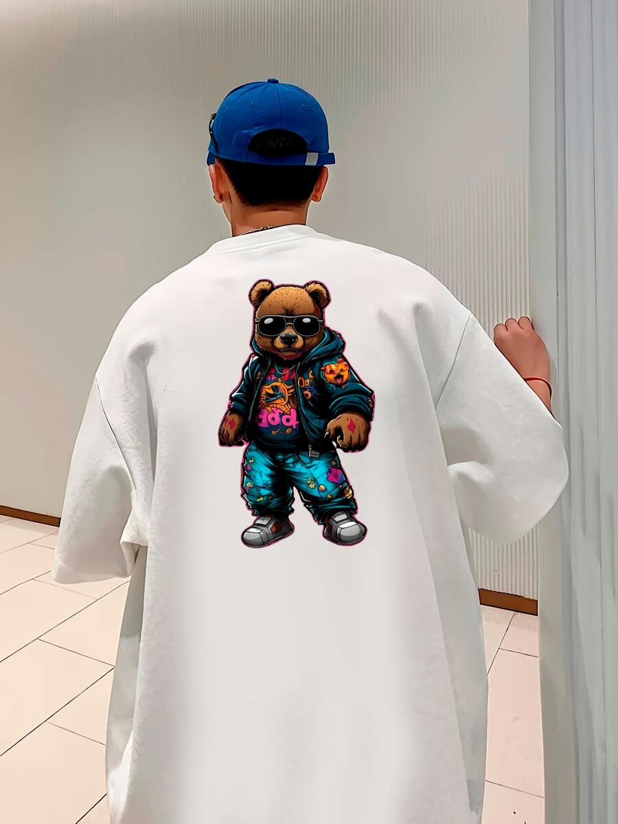Men's Oversize T-Shirt Bear Streetwear T-Shirt Premium Oversized Shirt 100% Cotton - 白色 - 查看 1