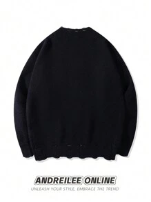 ANDREILEEANDREILEE 春秋冬新款男士街头美式风格个性化时尚设计熔化效果字母图案提花工艺做旧破洞黑色长袖毛衣圆领休闲宽松插肩套头针织衫 - 黑色 - 查看 2