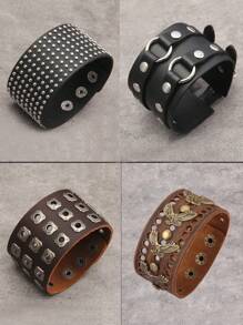 1 件朋克摇滚铆钉装饰皮革手链、铆钉摩托车珠宝腕带、复古风格男士手链、女士万圣节派对礼物 - 皮革 - 查看 8