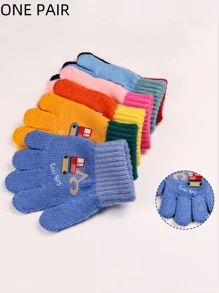 1 双儿童可爱卡车设计保暖内衬针织冬季保暖手套，适合幼儿