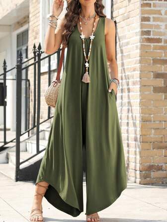 女式无袖褶皱 V 领喇叭阔腿连体裤，带口袋