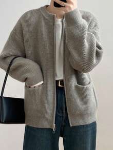 女士休闲时尚圆领开衫毛衣、长袖上衣