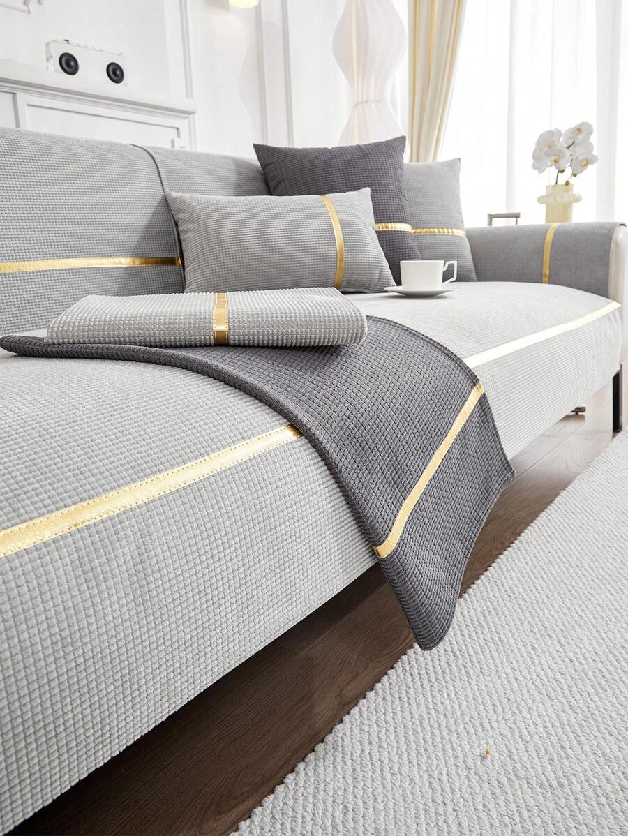 1pc Corn Plush Gold Edge Short Plush Sofa Throw Cover, 1234-Seat Sofa Seat Cushion, Braço, Capa de encosto, Antiderrapante, Todas as estações - Cinza claro - Ver 1