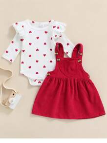 新生女宝宝秋季服装婴儿长袖荷叶边连体衣裙套装小女孩背带裙 - 紅色 - 查看 1