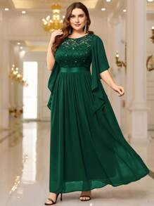 Plus Elegant Butterfly Sleeve Chiffon Sequin Lace Bodice Evening Party Long Dress - Dark Green - View 4