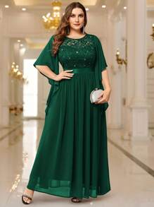 Plus Elegant Butterfly Sleeve Chiffon Sequin Lace Bodice Evening Party Long Dress - Dark Green - View 3