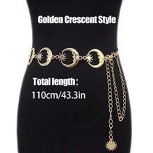 流行的金/銀色女用腰鏈，適用於鄉村音樂節派對裝飾，可搭配裙裝和牛仔褲，月形雙環金屬腰帶