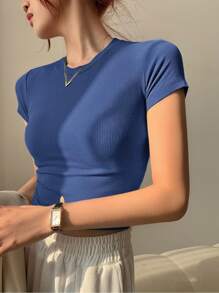 Right Shoulder Short Sleeve T-Shirt For Women Summer New Ice Silk Solid Color Threaded Short Bottom Shirt Top Slim Fit And Versatile - 藍色 - 查看 2