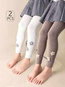 2 件装女童罗纹花卉装饰七分紧身裤，公主风格休闲裤，适合日常穿着，适合上学季节，与运动鞋或平底鞋完美搭配