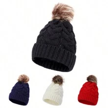 1pc Solid Color Versatile Acrylic Cable Knit Pom Pom Beanie Hat, Suitable For Autumn Winter Warmth And Daily Wear - Multicolor - View 1