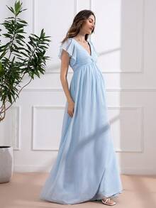Elegant V-Neck Ruffled Sleeve Maternity Dress - Baby Blue - View 3