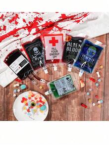 250ml Bolsas de sangre para bebidas, 5 bolsas para decoración de fiesta de Halloween, bolsa de bebida reutilizable para la sangre viva de fiestas temáticas, fiesta de máscaras, vampiro, zombi, enfermera, accesorios de fiesta de graduación - Multicolor - Ver 1