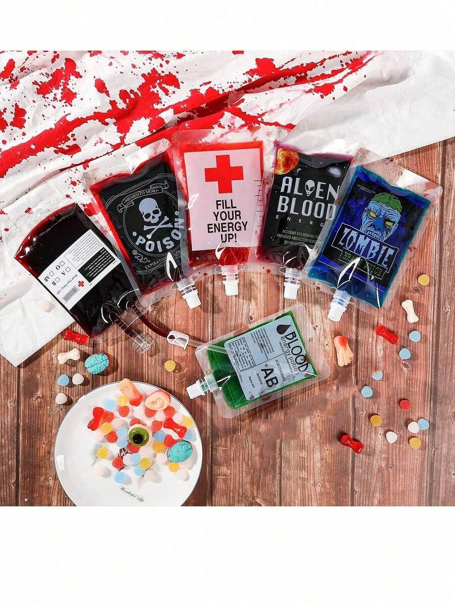 250ml Bolsas de sangre para bebidas, 5 bolsas para decoración de fiesta de Halloween, bolsa de bebida reutilizable para la sangre viva de fiestas temáticas, fiesta de máscaras, vampiro, zombi, enfermera, accesorios de fiesta de graduación - Multicolor - Ver 1
