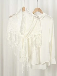 1 件装女士冬季纯色三角形流苏针织围巾披肩配饰女士 - 07-白色 - 查看 2