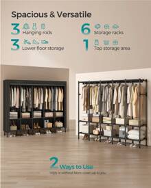 SONGMICS Wardrobe Closet, Heavy Duty Portable Closet Organization And Storage, Freestanding Clothing Rack, 25 Mm Dia. Thick Steel Tubes, Clothes Organizer With Fabric Cover, 5 Hanging Rails, 10 Shelves - 黑色 - 查看 3