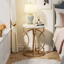 Tribesigns Modern Round Side Table With Thick Wooden Top, 20" Cocktail Table With Unique O-Shaped Base, Mid-Century Nightstand For Living Room And Bedroom - White & Gold - View 5