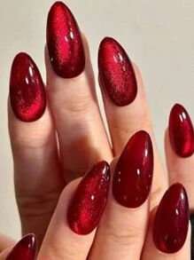 24pcs Mid-Length Glossy Red Cat Eye Ombre Press-On Nails, Elegant Shiny Pointed False Nail Tips - Rose Red - View 1