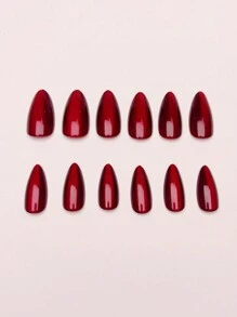 24pcs Mid-Length Glossy Red Cat Eye Ombre Press-On Nails, Elegant Shiny Pointed False Nail Tips - Rose Red - View 2