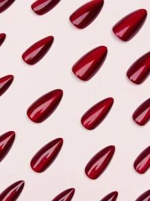24pcs Mid-Length Glossy Red Cat Eye Ombre Press-On Nails, Elegant Shiny Pointed False Nail Tips - Rose Red - View 4