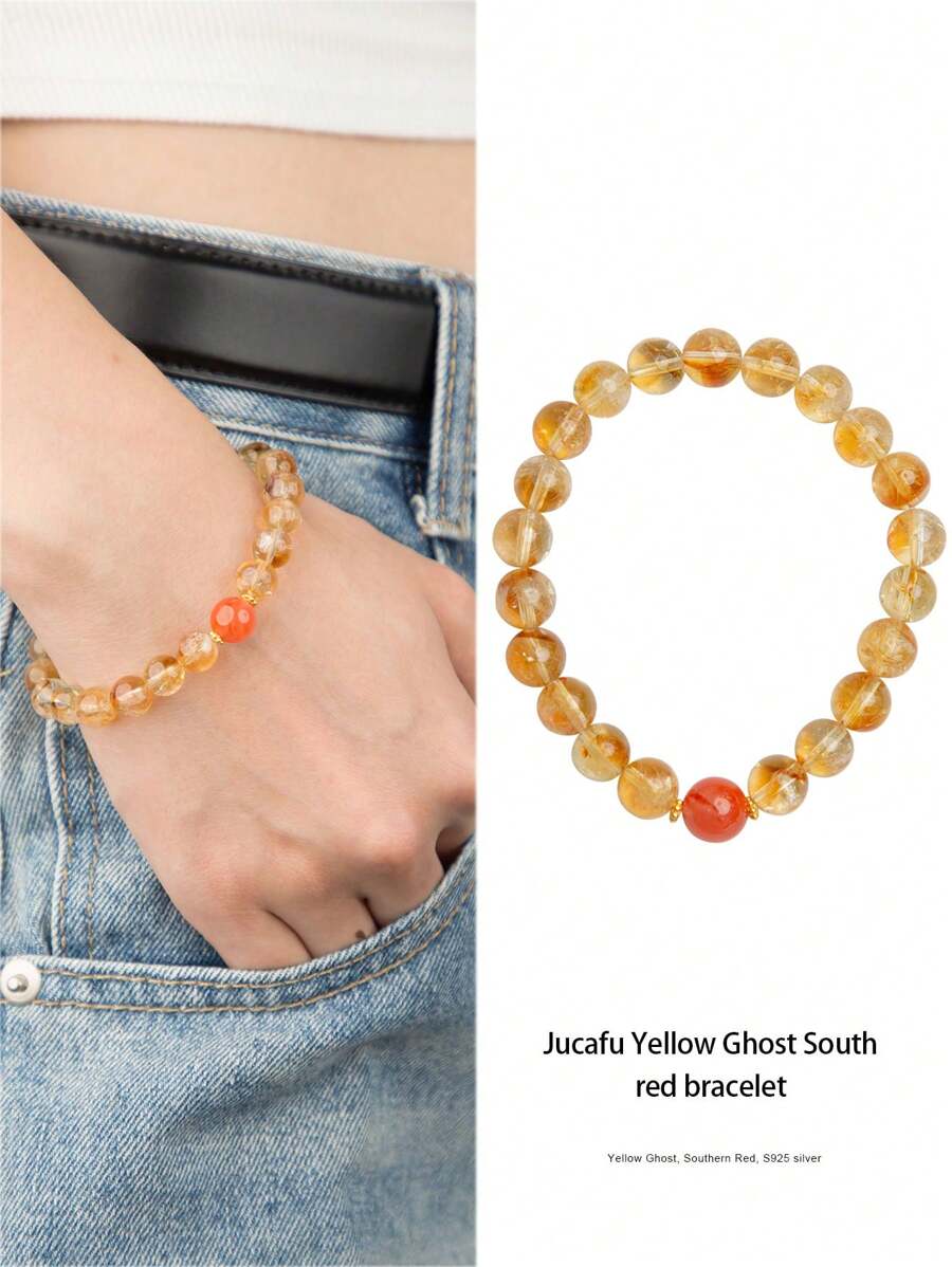 1pc High-Quality Natural Golden Rutilated Quartz Crystal Bracelet, S925 Sterling Silver Accessories. Can Improve Personal Luck In Finance & Career, Enhance Confidence & Decision-Making, Promote Inner Peace. Suitable For Women, Random Color, Great Gift Idea For Friends, Sisters, Classmates - Multicolor - View 1