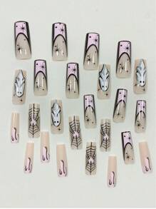 24 piezas Uñas postizas feas y divertidas con diseño de Halloween - fantasma, telaraña, corazones, puntas francesas rosas, ideales para uso diario, citas, té de la tarde, salidas - Multicolor - Ver 3