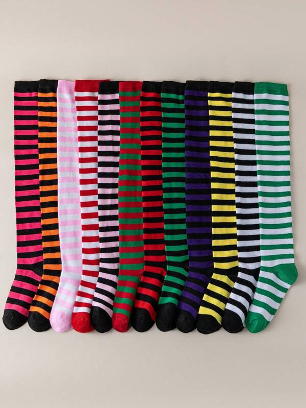 1 Pair Of Women's Spring And Autumn Striped Socks Solid Color Suitable For Christmas Date Party Gathering Carnival Role Play With JK Fun Costumes Long Knee Socks