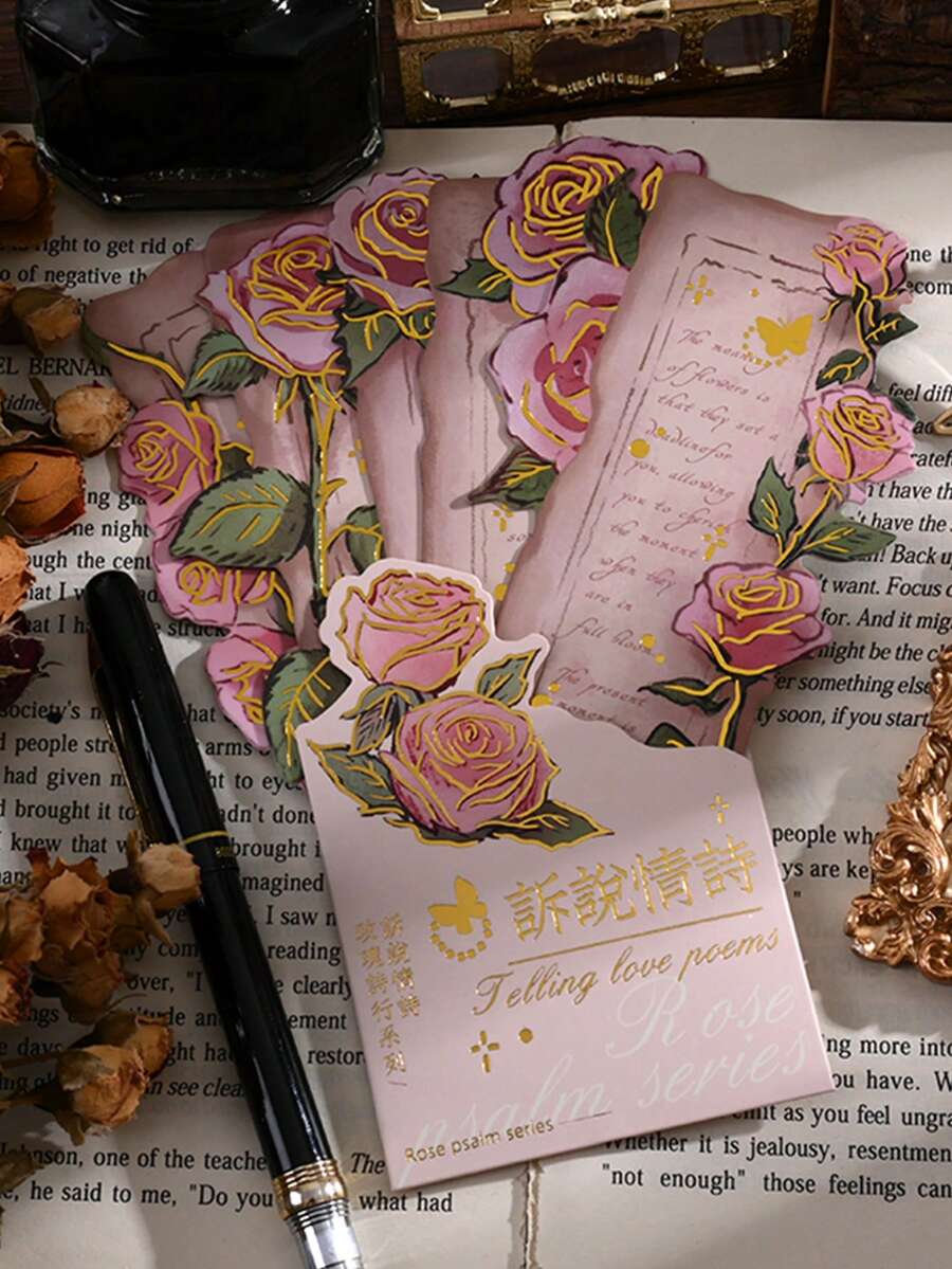 Bộ 5 dấu trang hoa hồng nhạt phong cách cổ điển có chữ lá kim loại trang trí lời chúc phúc (một gói) - Màu Hồng baby - Xem 1
