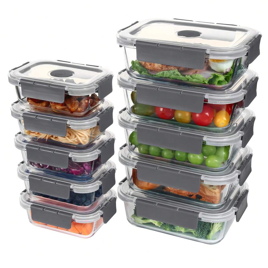 [10-PACK] High Borosilicate Glass Meal Prep Containers With Steam Vent, Food Storage Containers With Airtight Lids, For Home Kitchen Office Lunch Portion Control - Grey - View 1