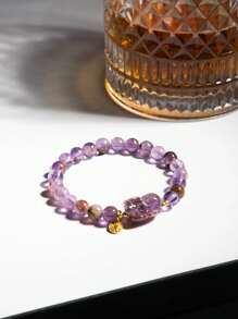 [VE] 1pc High Quality Natural Amethyst Pixiu Bracelet, Known As "Love Crystal", Brings Wealth, Good Fortune And Happiness, Suitable For Family, Couples, Gifts, Daily Wear For Ladies, Natural Gemstone Color Varies - Purple - View 3