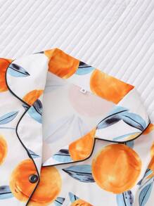 2pcs Fruit Peach Print Lounge Wear Set For Women, Comfortable Collared Short Sleeve Top And Loose Shorts, Beautiful Stylish Sleepwear And Homewear For Spring & Summer, Holidays, Parties, Casual All Season Outdoor And Indoor - Orange - View 3