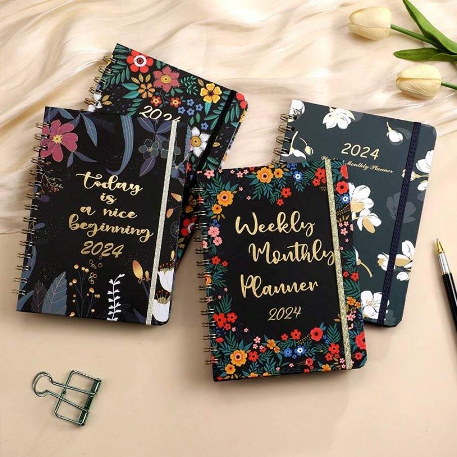 Flower Planner 2024 日记/计划器/日历 2024，2024 计划器每周和每月，带标记的标签，灵活的封面，厚纸，非常适合生活整理 - 彩色 - 查看 1