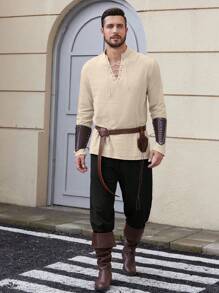 Camisa de manga larga de estilo medieval con cordones de unicolor para hombres - Caqui - Ver 5