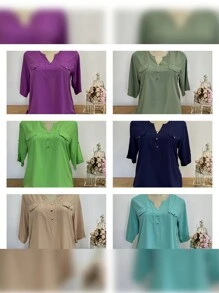 WOMEN'S PLUS SIZE VISCOSE BLOUSE WITH BUTTON DETAIL (Fits Up To Size 48) - 淺藍色 - 查看 4