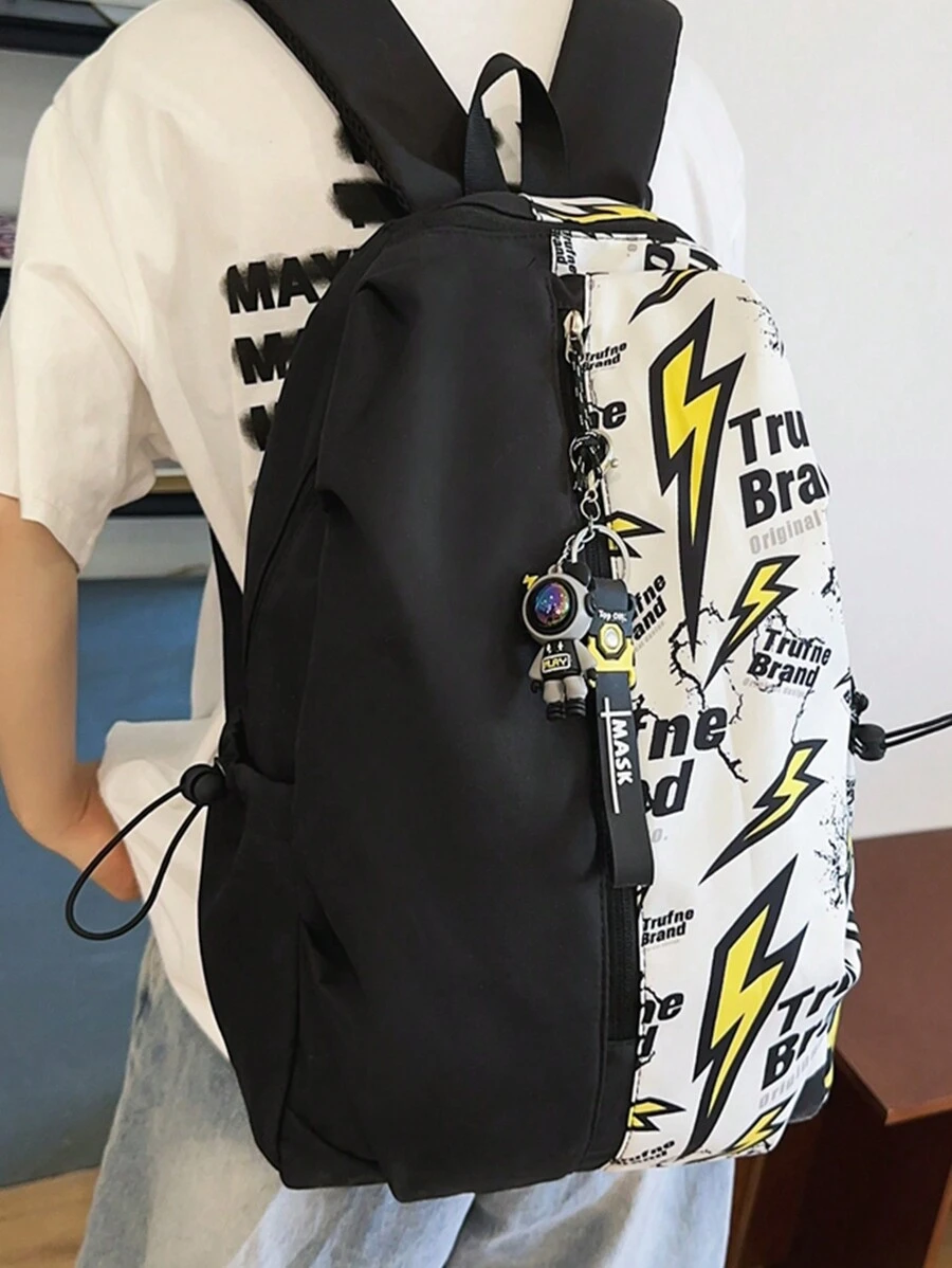 休闲大容量背包，涂鸦尼龙斜挎包，带吊坠装饰的学校/旅行包，礼物秋季圣诞节尖叫包背包冬季圣诞节礼物笔记本电脑感恩节旅行假期电脑鲨鱼元素假期趣味礼物胸包礼品包书包夏季返校海滩笔记本电脑包运动生活包背包旅行必备大包 - 彩色 - 查看 1
