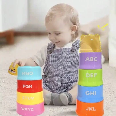 Baby Toys Stack & Count Stacking Cups Set, Stacked Cup Toddler Stacking Toy - English Letters And Patterns, Fine Motor Skills, Learning Toys For Babies Boys And Girls, Bath Beach Water Toy