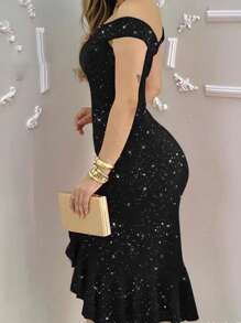 Off Shoulder Sexy Solid Color High Slit Elegant Ruffle Hem Glitter Party Dress, Spring/Summer