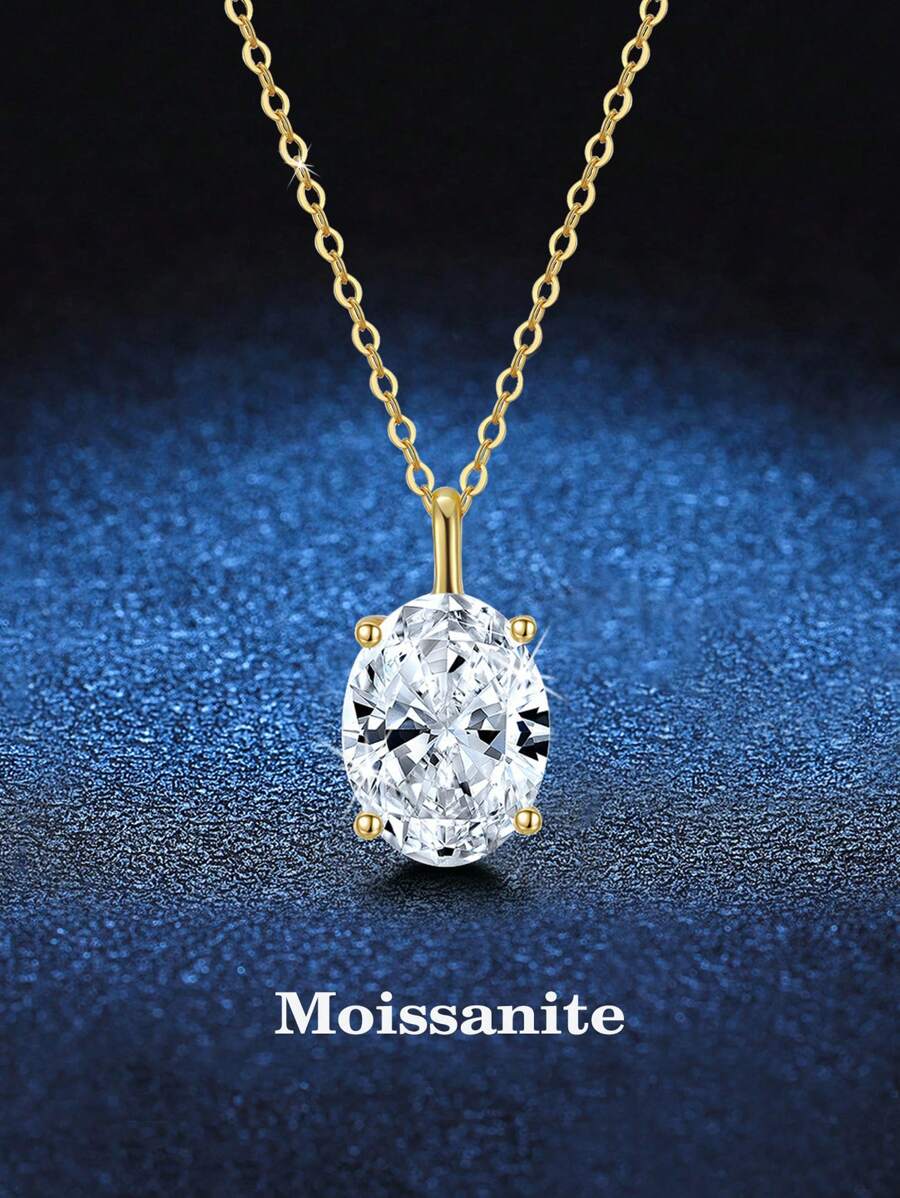 1 件优雅奢华 925 纯银 1.5 克拉椭圆形莫桑石项链，适合女性日常佩戴、派对、度假、情人节、母亲节、生日珠宝礼物 - 金黃色 - 查看 1