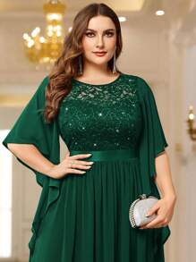 Plus Elegant Butterfly Sleeve Chiffon Sequin Lace Bodice Evening Party Long Dress - Dark Green - View 7