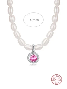1 件优雅奢华 925 纯银养殖珍珠圆形吊坠项链，适合女性日常佩戴、正式场合、万圣节礼物 - 粉色 - 查看 3