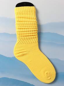 1 双女士简约褶皱袜纯色针织高筒袜学院风休闲袜时尚长筒袜适合春夏季（仅袜子） - 黃色 - 查看 4