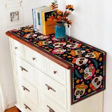 Day Of The Dead Linen Table Runner Sugar Skull Day Of The Dead Mexican Carnival Carnival Festival Decoration Mexico Holiday Party Kitchen Dining Room Home Decor Decor, Home Decor