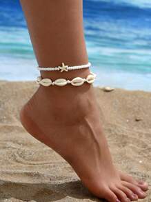 2 pezzi Bracciale alla caviglia bohémien con perle finte, conchiglie e stelle marine per donne, regalo da spiaggia