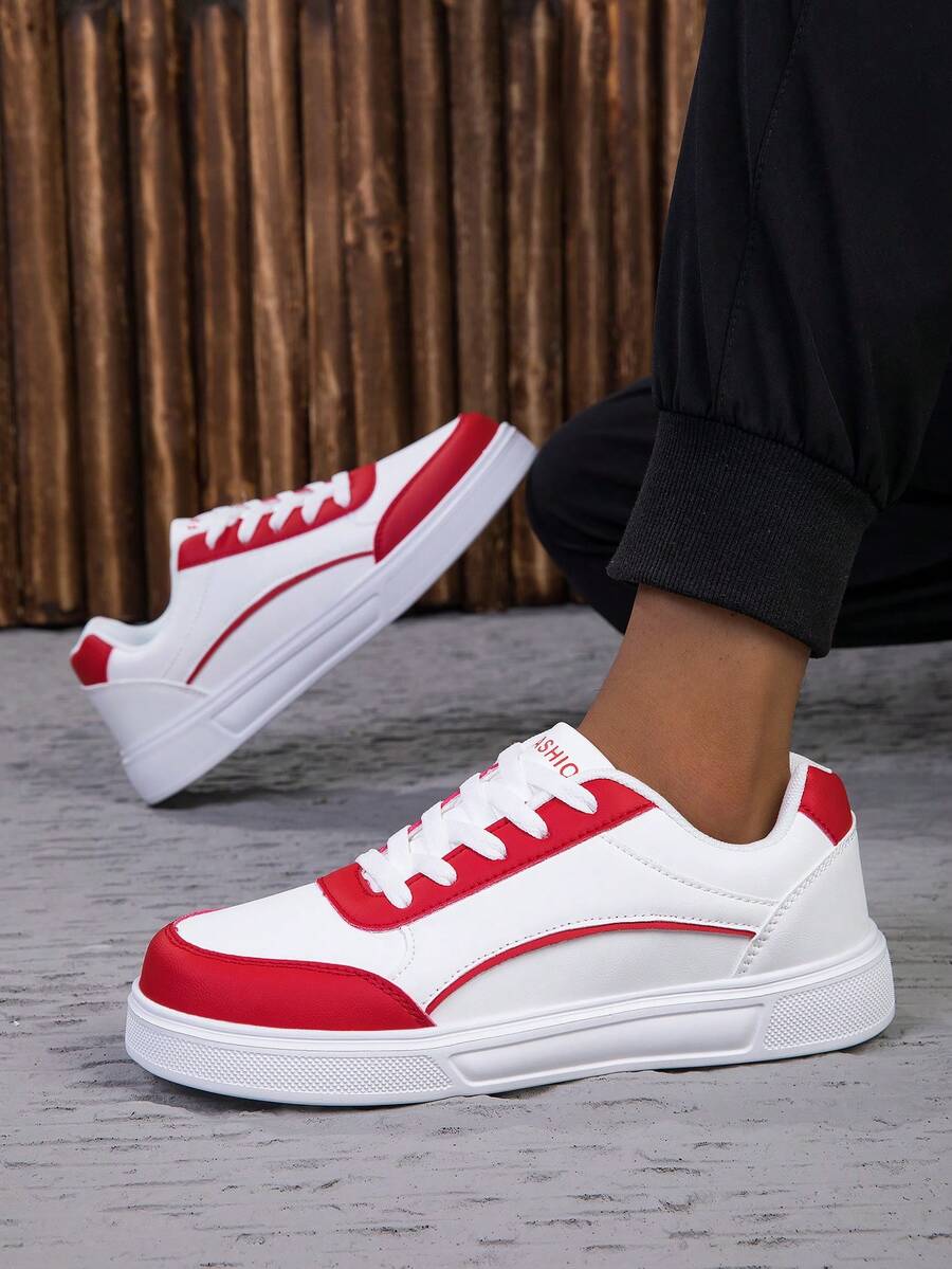 2024 New Casual Skateboard Shoes, Popular Color Blocking, Soft & Comfortable, Lightweight, Unisex, Ultra Flexible Soles, Suitable For Outdoor Work And Hiking - Red and White - View 1