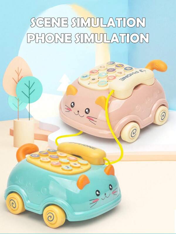 1 unidade multifuncional bebê gatinho puxar corda telefone brinquedo de carro, carro de brinquedo musical com cordão de tração e luz e som, brinquedo de desenvolvimento educacional infantil, presente para meninos meninas feriado aniversário