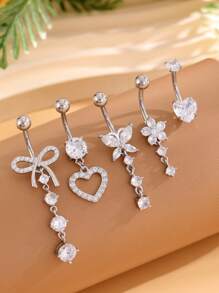 Set de 5 piezas de anillos de piercing de ombligo con adorno de moño y mariposa, joyas de acero inoxidable sexy para el ombligo de mujer para el Día de San Valentín - Plateado - Ver 1