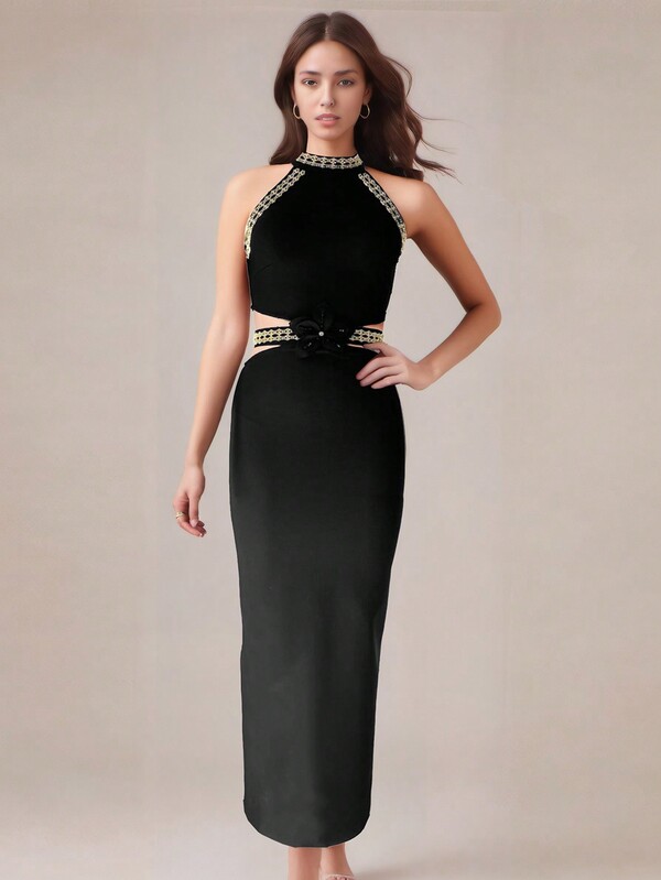 New Crew Neck Sleeveless Sexy Hollow-Out Long Bodycon Rhinestone Bandage Dress Women Party Gown